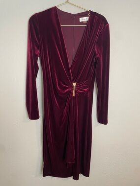 Harper Rose Velvet Wrap Midi Dress in Deep Wine with Gold Accent